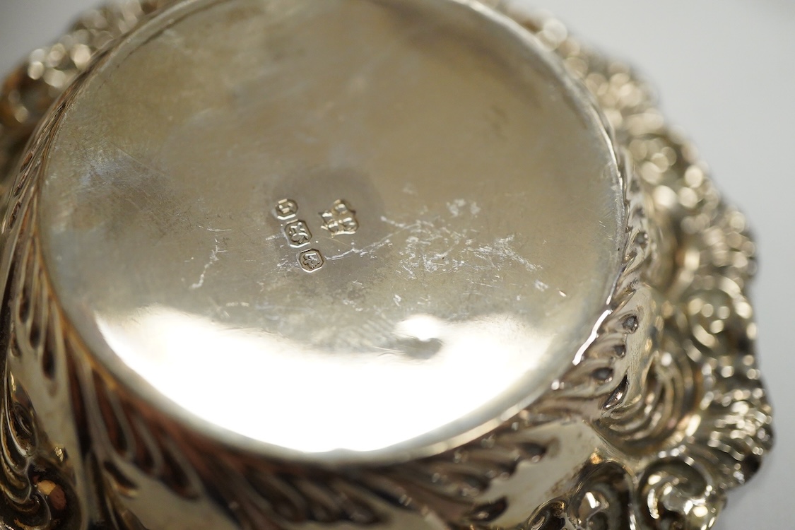 A collection of small silver, to include a late Victorian seven bar toast rack, by Edward Gilbert, London, 1887, length 13.3cm, a late Victorian bowl, pair of shell salts, nut dish, egg cup, Georgian chamberstick(part of